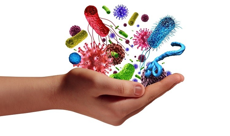 human hand holding microscopic cancer virus and bacteria cells